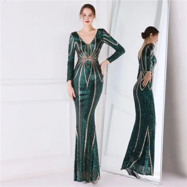 Banket Elegante Aura Queen Fishtail-jurk met lange mouwen en pailletten