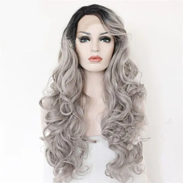 Peluca de encaje sintético de 2 tonos gris negro Ombre pelucas onduladas pelo largo y rizado Gracelyn