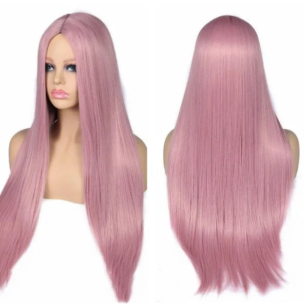 Peluca de fibra de pelo largo y recto rosa de cuero cabelludo partido