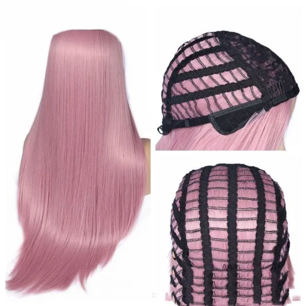 Gespleten hoofdhuid Roze pruik met lang steil haar