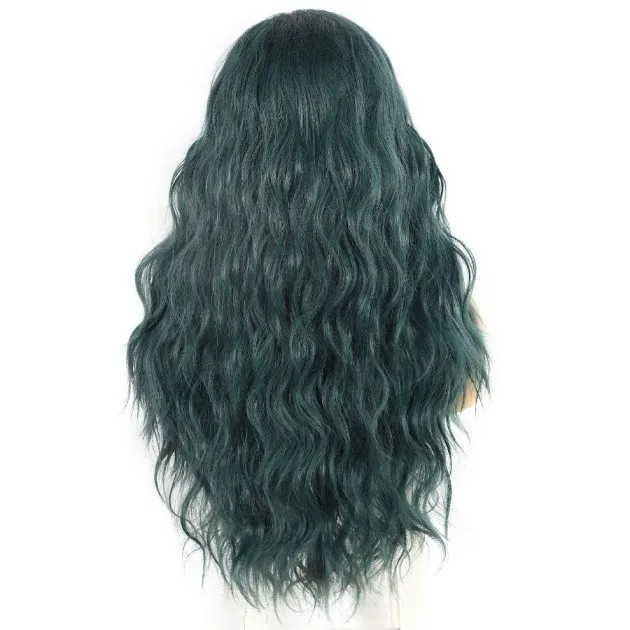 Peluca de encaje frontal sintético de pelo largo y rizado, color verde mineral